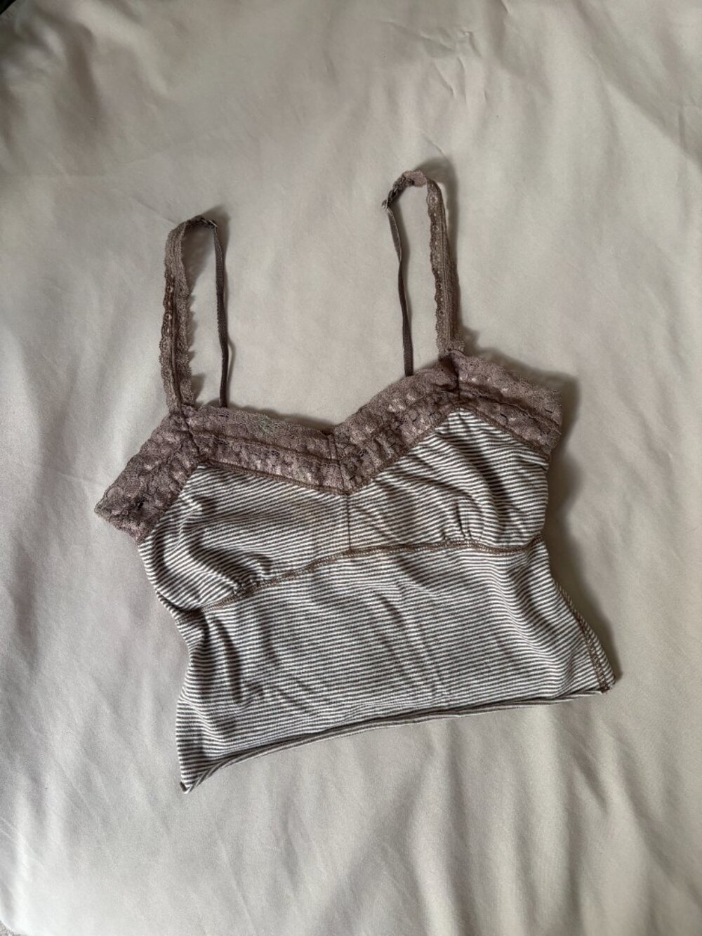 Y2k Brown Striped Lace-Trim Tank Top - Picture 2 of 4